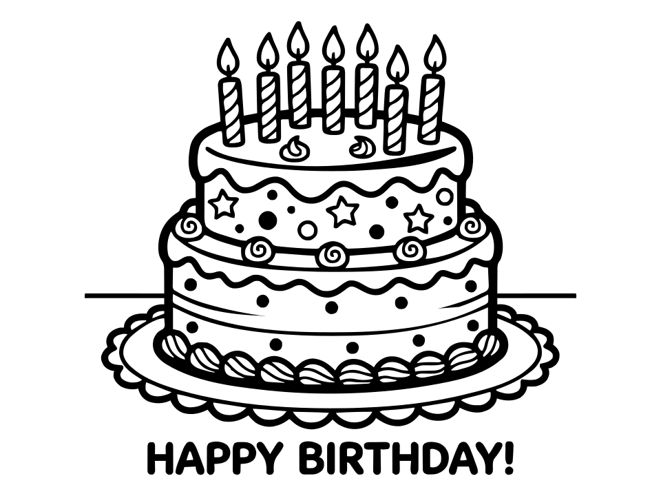 Dibujo en blanco y negro de pastel de cumpleaños para colorear e imprimir