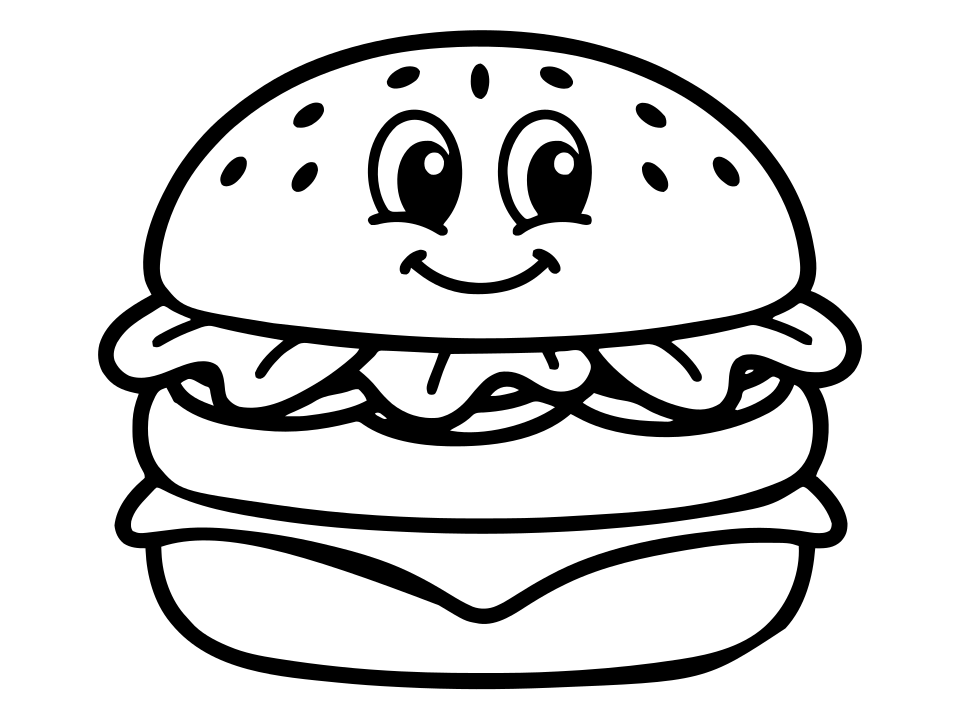 Schwarz-weißes Ausmalbild zum Ausdrucken: Burger
