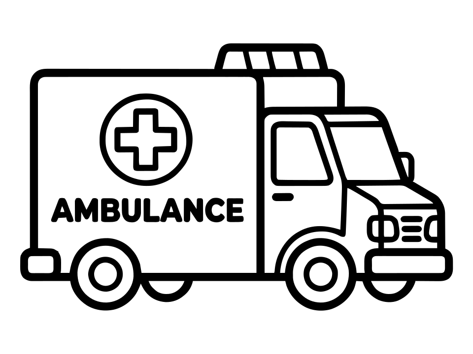 Schwarz-weißes Ausmalbild zum Ausdrucken: Krankenwagen